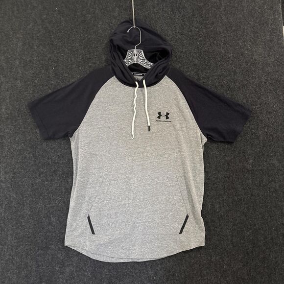Under Armour Shirt Mens Medium Gray Black HeatGear Hooded Short Sleeve Athletic - Picture 1 of 8